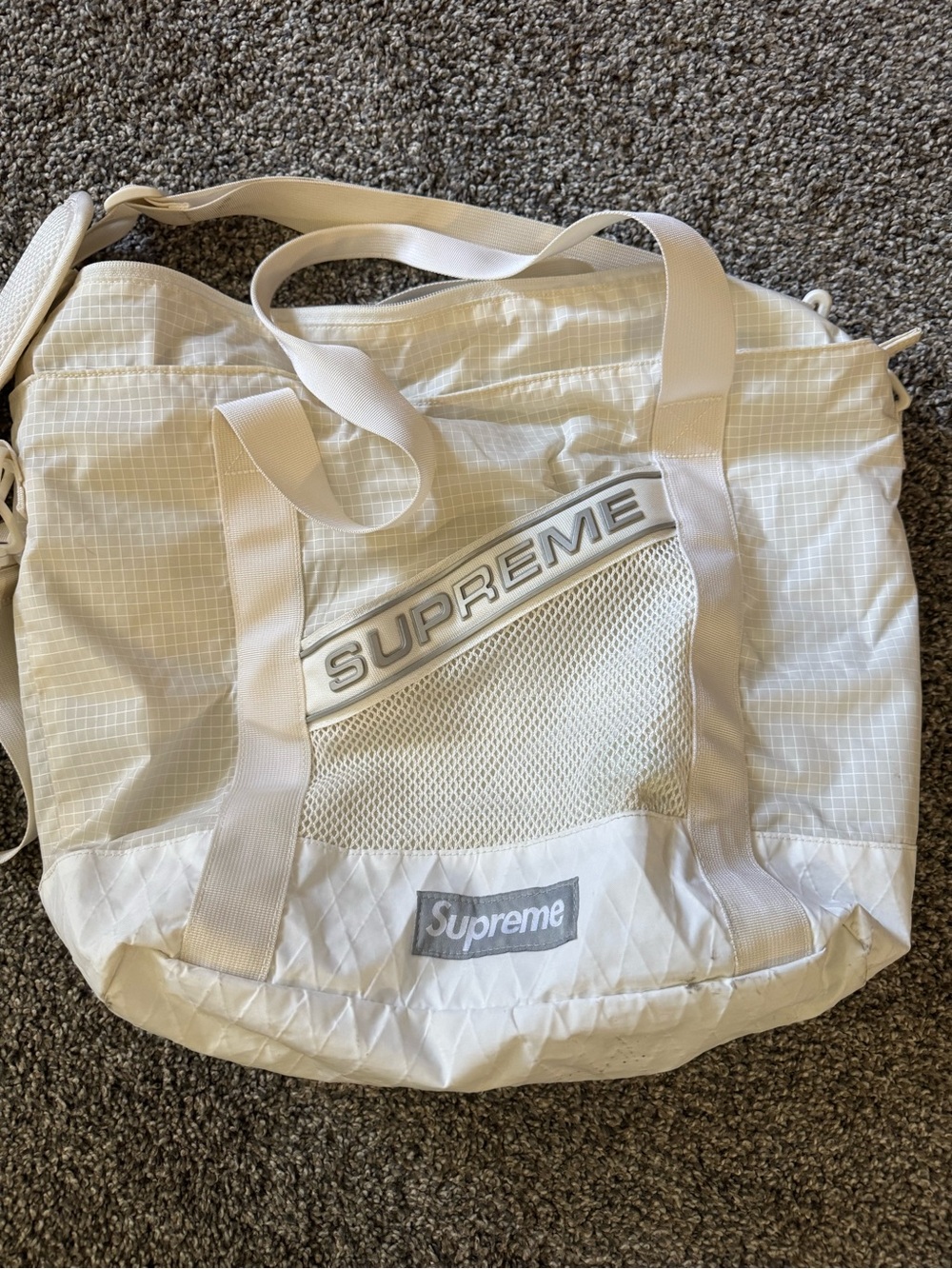 Supreme Cream Ripstop Tote with Mesh Pocket and Logo